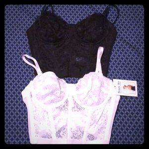 Two low- back lace bustier bras, black and white